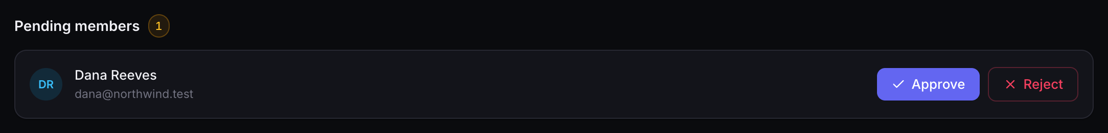 The Pending members section with a new member waiting and Approve and Reject buttons