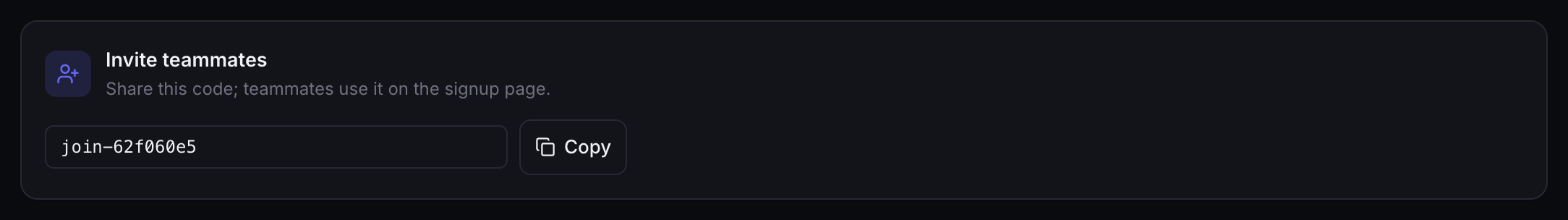 The Invite teammates card on the Organization page, showing the invite code with a Copy button