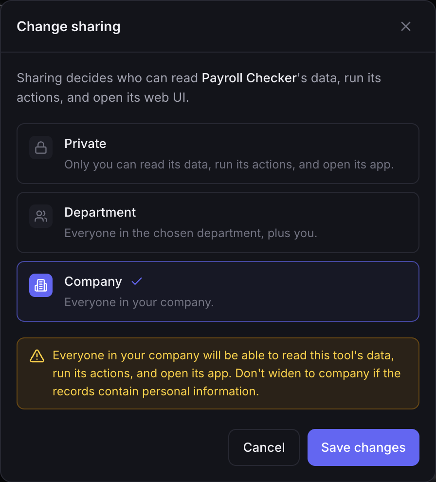 The Change sharing dialog with Private, Department and Company options, and a warning shown before widening to company